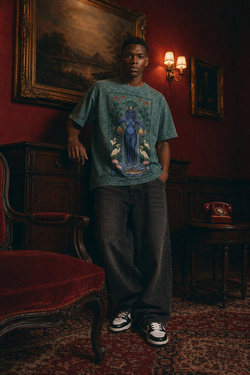 The Nile streetwear t-shirt — male model close-up portrait