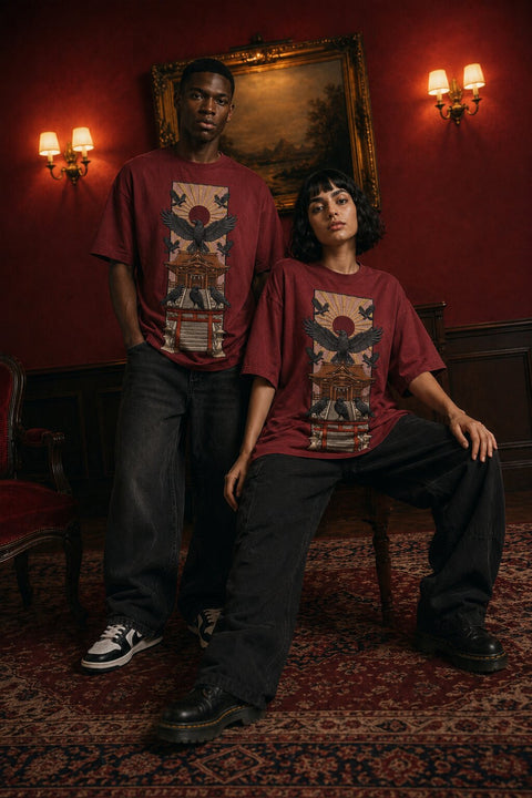 The Pilgrim streetwear t-shirt — male model close-up portrait