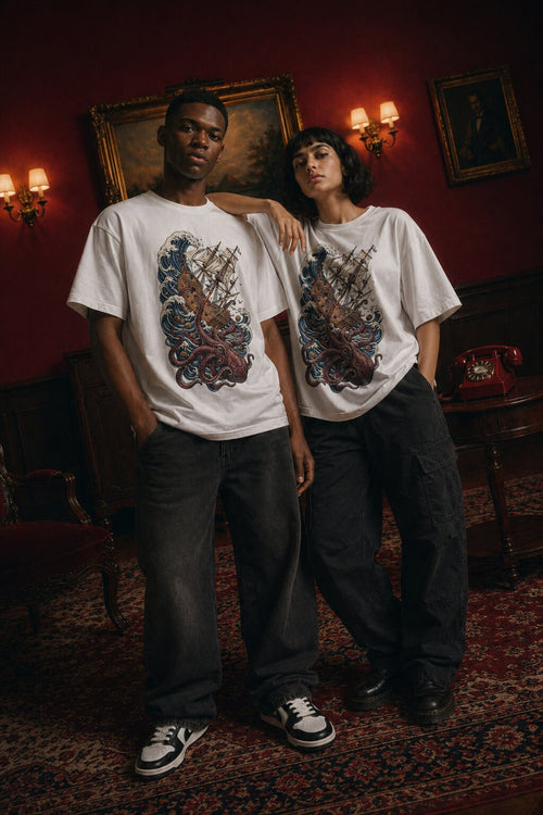 The Wrecker pink/red washed heavy cotton tee — male model with female model in Cairo evening room