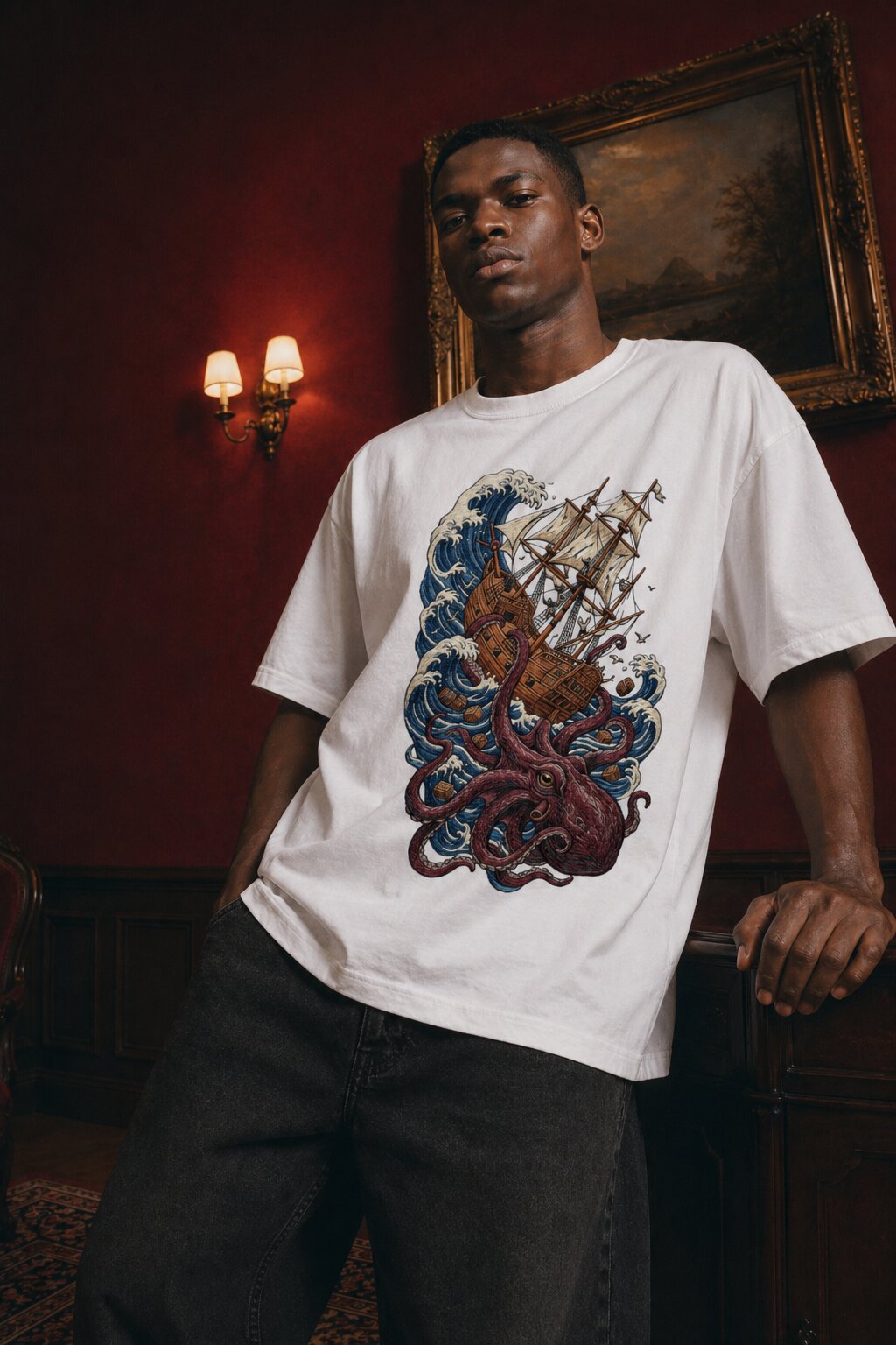 The Wrecker streetwear t-shirt — male model close-up portrait